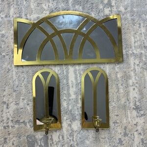 VTG 3-Piece Gold Tone Mirror & Wall Sconce Set Elegant Hollywood Regency Decor